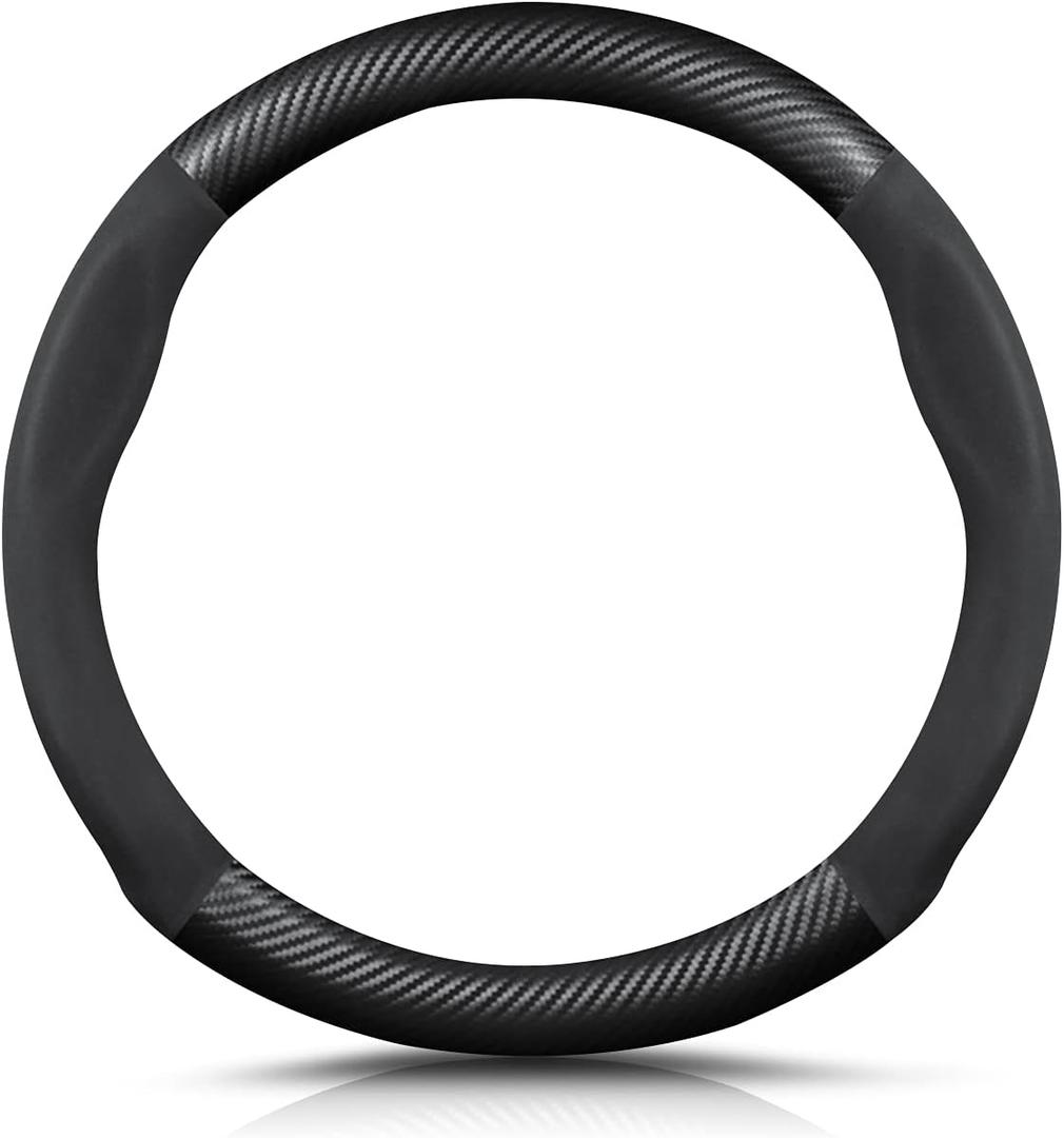 Ergocar Round Shape Carbon Fiber & Microfiber PU Leather Steering Wheel Cover Anti-Slip Car Steering Wheel Protector Breathable Sweat Absorbent Sport for Diameter 38cm15"-Black