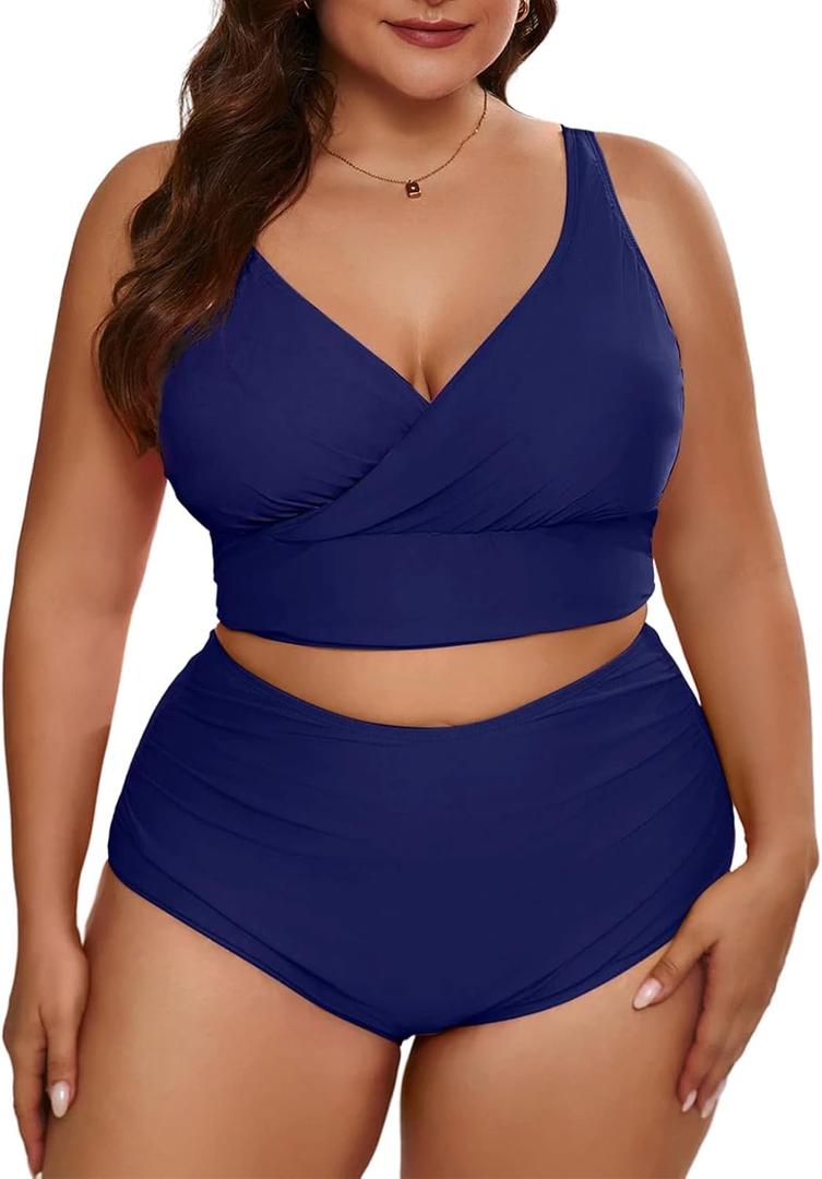 Eytino Womens Plus Size Bikini Sets High Waisted V Neck Bahting Suits Two Piece Color Block Swimsuits(1X) (Blue)