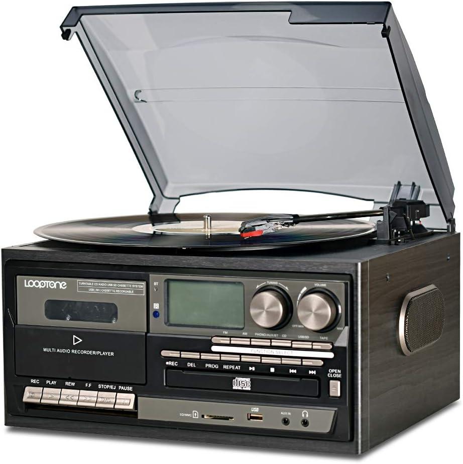 LoopTone Vinyl Record Player 9 in 1, 3 Speed Bluetooth Vintage Turntable CD Cassette Player AM/FM Radio USB Recorder Aux-in RCA Line-Out (Black Edition)