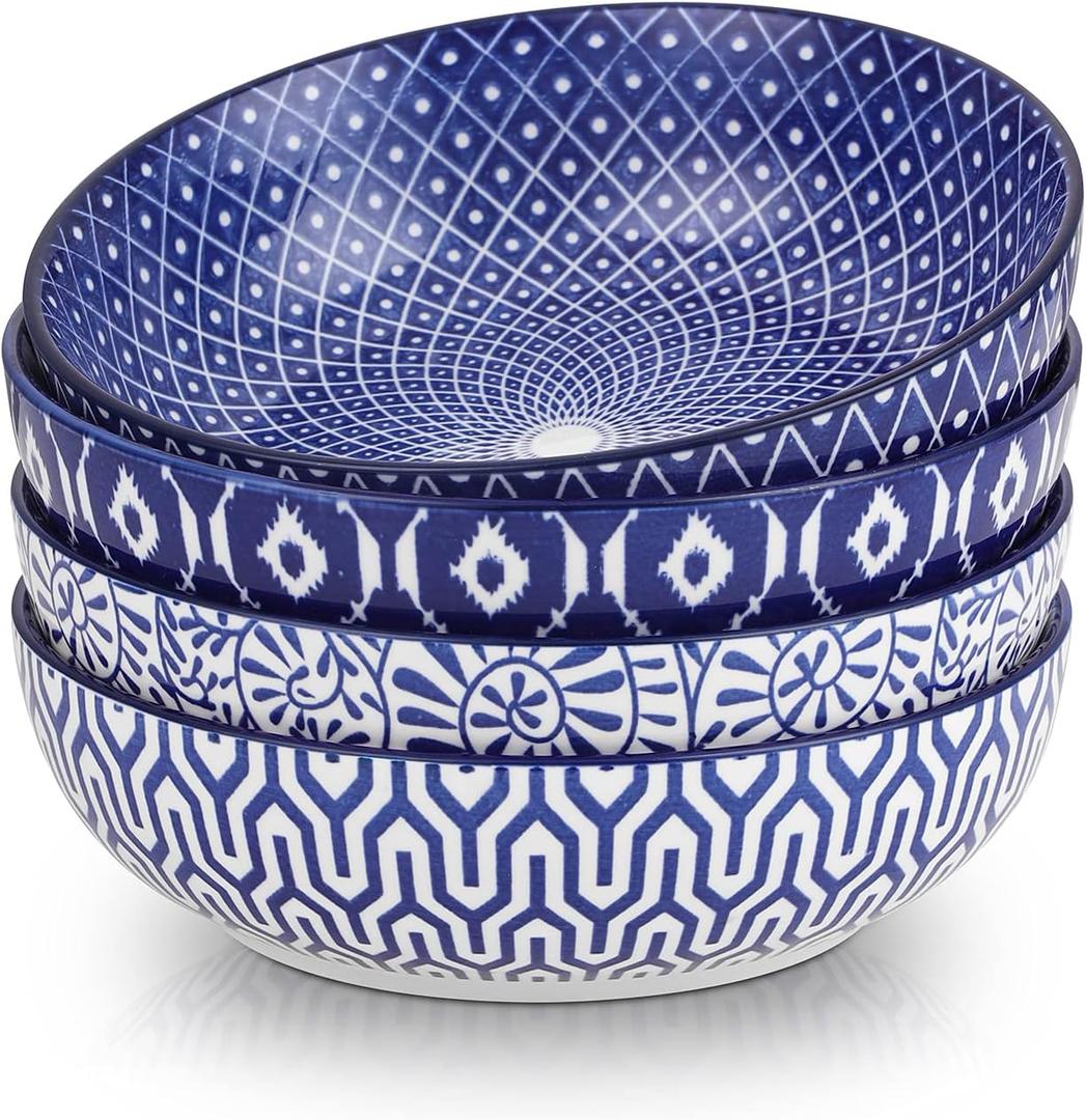 Selamica Ceramic 30 Ounce Pasta Bowls set of 4, 8 inch Serving Bowl Wide and Shallow Microwave Dishwasher Safe, Vintage Blue