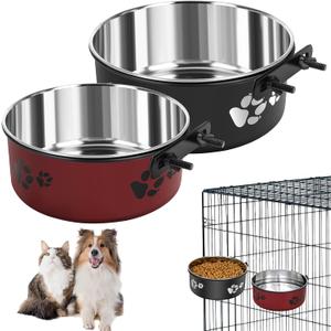 2 Pack Kennel Bowls Mountable Stainless Steel Crate Bowls for Dogs No Spill Hanging Kennel Water Feeder with Clamp Holder 2 Sizes7.08x2.83,6.3x2.63 Black Red