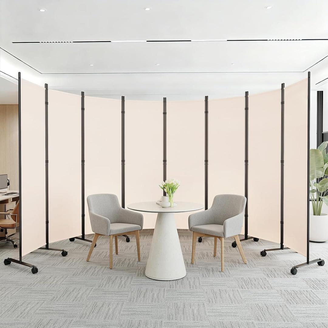 SUNALLY Room Divider Privacy Screens, 8 Panels Dividers with Wheels, Beige | 176" W Room Separator for Space Partition with Lockable Wheels, 6FT Folding Fabric Wall Dividers for Home Dorm Studio Office
