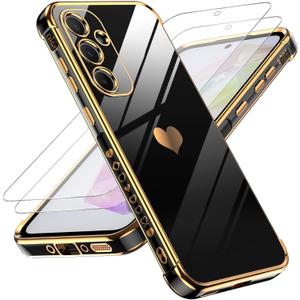 LeYi for Samsung Galaxy A35 5G Case: with Tempered Glass Screen Protector [2 Pcs]+ Full Camera Lens Protection, Love Heart Plating Women Cute Luxury Soft TPU Shockproof Case for Samsung A35 5G, Black