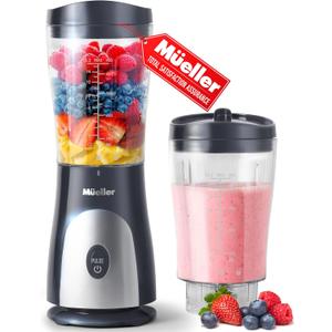 Mueller Personal Blender for Shakes and Smoothies with 15 Oz Travel Cup and Lid, Juices, Baby Food, Heavy-Duty Portable Blender & Food Processor, Grey