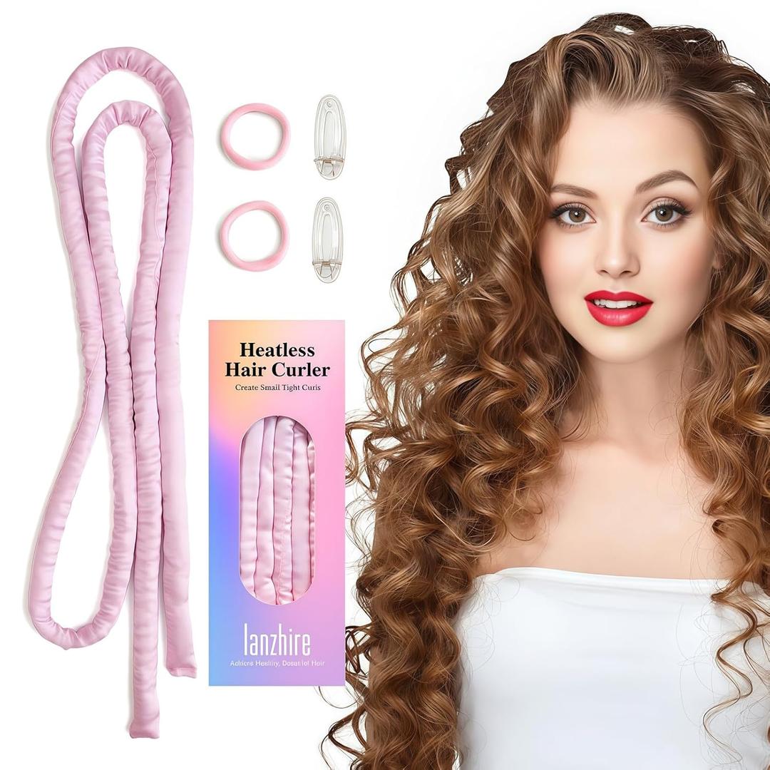 Lanzhire No Heat Curling Headband for Overnight Curls, Thin Heatless Curlers for Long and Short Hair (A-Pink)