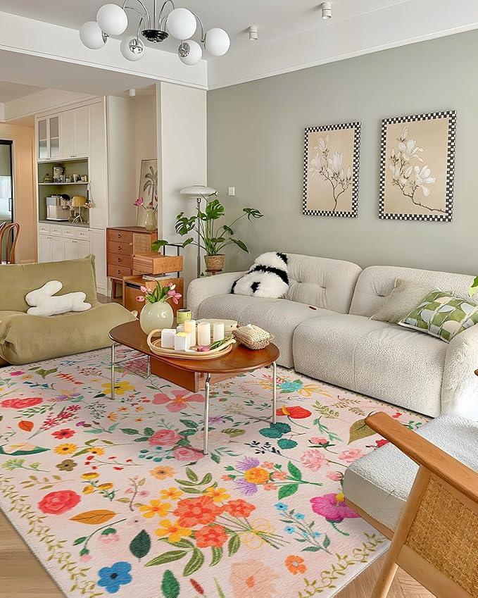 Boho Washable Area Rug 6x9 for Living Room, Bedroom, Office, Playroom, Kitchen or Dining Room, Soft Floral Carpet for Indoor Use, Easy Care Non-Slip Design (Beige)