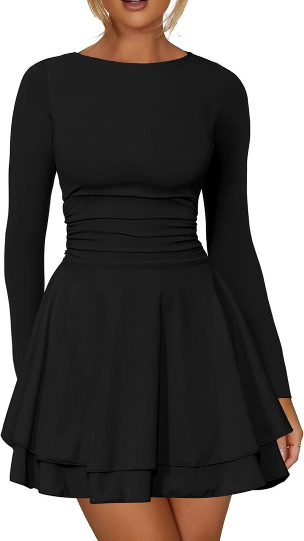 Kaximil Women's Crew Neck Long Sleeve Corset Mini Dress Ruffle Hem Short Party Club Dresses (Medium, Black)