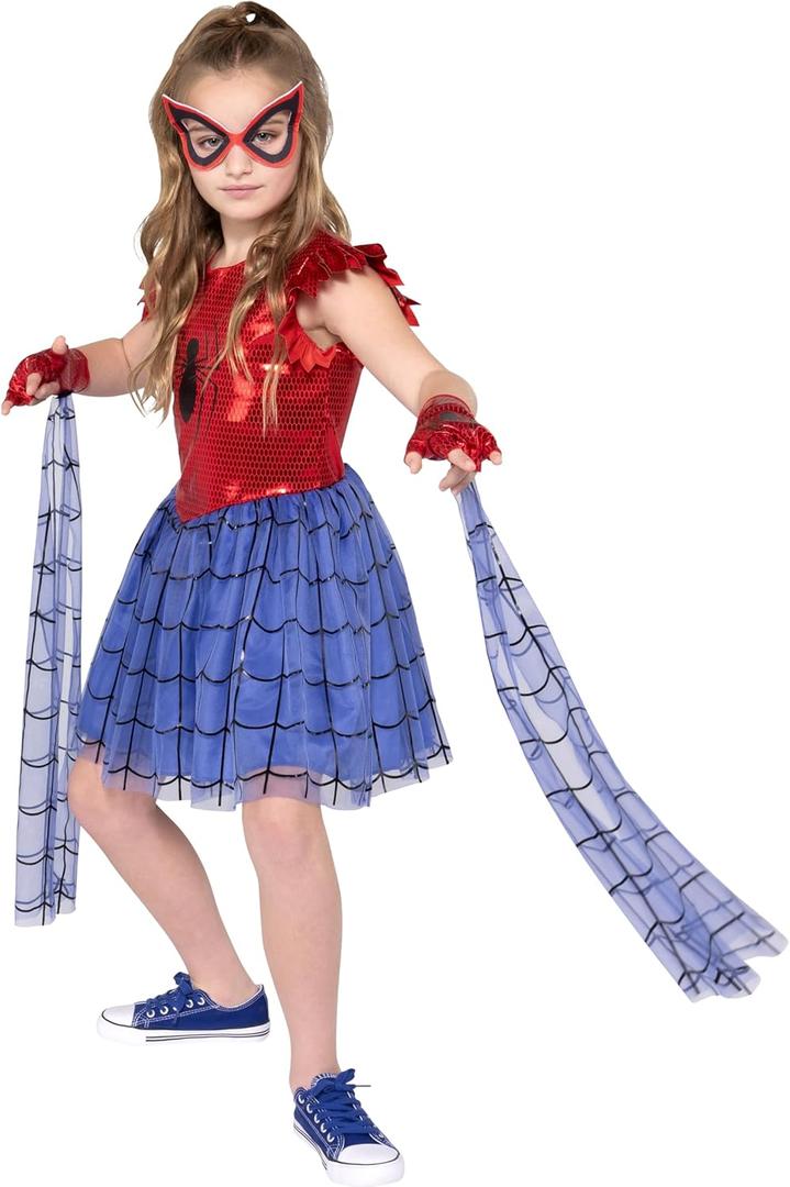 MARVEL Spider-Man Official Youth Halloween Dress - Premium Quality Printed Dress with Fabric Half Mask, Size M (7-8)
