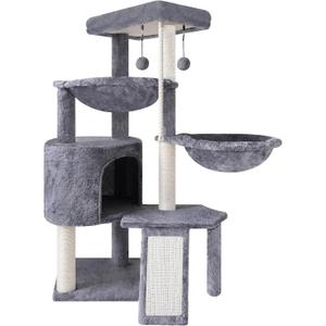 Xin Three Layer Cat Tree with Cat Condo and Two Hammocks,Grey (37.4", 37.4" Grey)