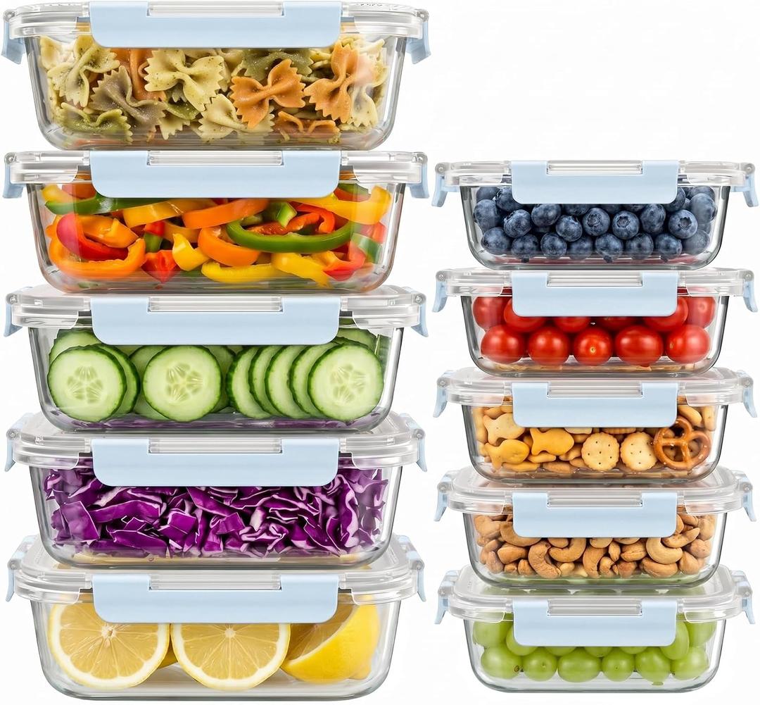 Dealusy 10 Sets (20-Piece) 36 oz & 12 oz Glass Food Storage Containers with lids, Airtight Leak-proof Glass Meal Prep Containers with Lids, Microwave Oven Freezer Dishwasher Safe, Blue, 4.5 Cup & 1.5 Cup