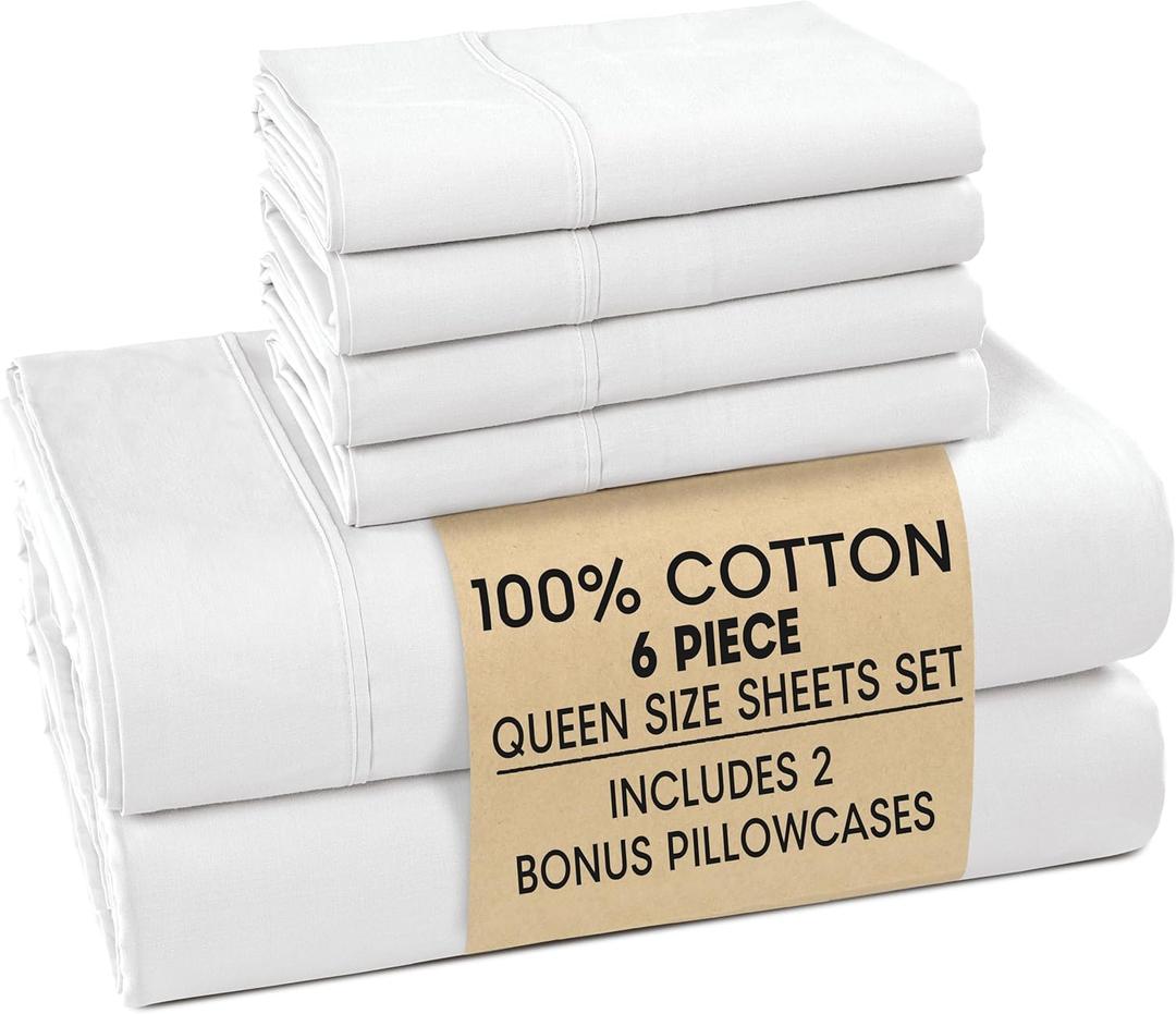 Casa Platino Queen Sheets Set 100% Cotton Queen Sheets with 4 Pillowcases, Lightweight Feel & Secure Fit, Crisp & Breathable Percale Weave with 15" Deep Pocket, Soft and Cozy Pure White