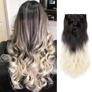 Yekartary Clip in Hair Extensions 7PCS 24 Inch Long Wavy Curly Hairpieces Thick Weft Synthetic Wig for Women Rose Red