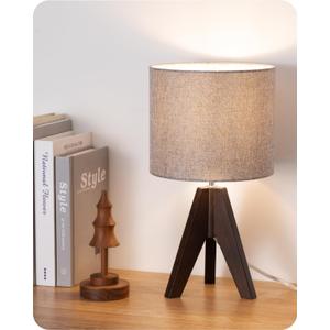 EDISHINE Boho Small Table Lamp, Walnut Color Wooden Tripod Bedside Lamp, Farmhouse Nightstand Lamp for Nursery, Bedroom, Office, Kid Room, Living Room, Grey Linen Lampshade, E26 Socket, 14.2 Inch