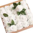 Ling's moment Artificial Flowers 50Pcs White Roses Decor w/Stems,3" DIY Foam Floral for Wedding Bouquet/Centerpieces, Outdoors Party Backdrop, Room/Table, and Garden/Pot Decorations