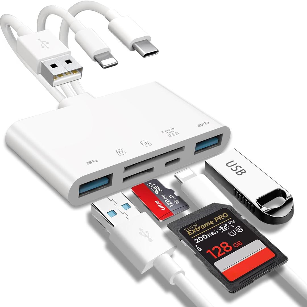 5-in-1 Memory Card Reader, USB OTG Adapter & SD Card Reader for i-Phone/i-Pad, USB C and USB A Devices with Micro SD & SD Card Slots, Supports SD/Micro SD/SDHC/SDXC/MMC (white)