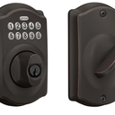 Schlage Camelot Electronic Keypad Deadbolt Lock, Keyless Front Door Entry, Mechanical Key Backup Included, Aged Bronze, BE365 V CAM 716