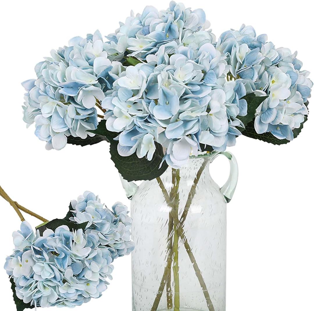 Kisflower Blue Hydrangea Artificial Flowers 6pcs Faux Hydrangea Flowers, Fake Flowers for Table Centerpiece, Blue Silk Hydrangea Flowers with Stems for Home Wedding Party Decor