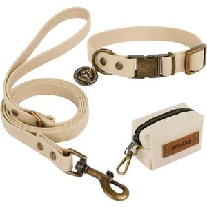 Wisedog Dog Collar and Leash Set Combo: Adjustable Durable Pet Collars with Dog Leashes for Small Medium Large Dogs, Includes One Bonus of Poop Bag Holder (M, Sand Color) (M(Collar:12"-18";Leash:5 ft))