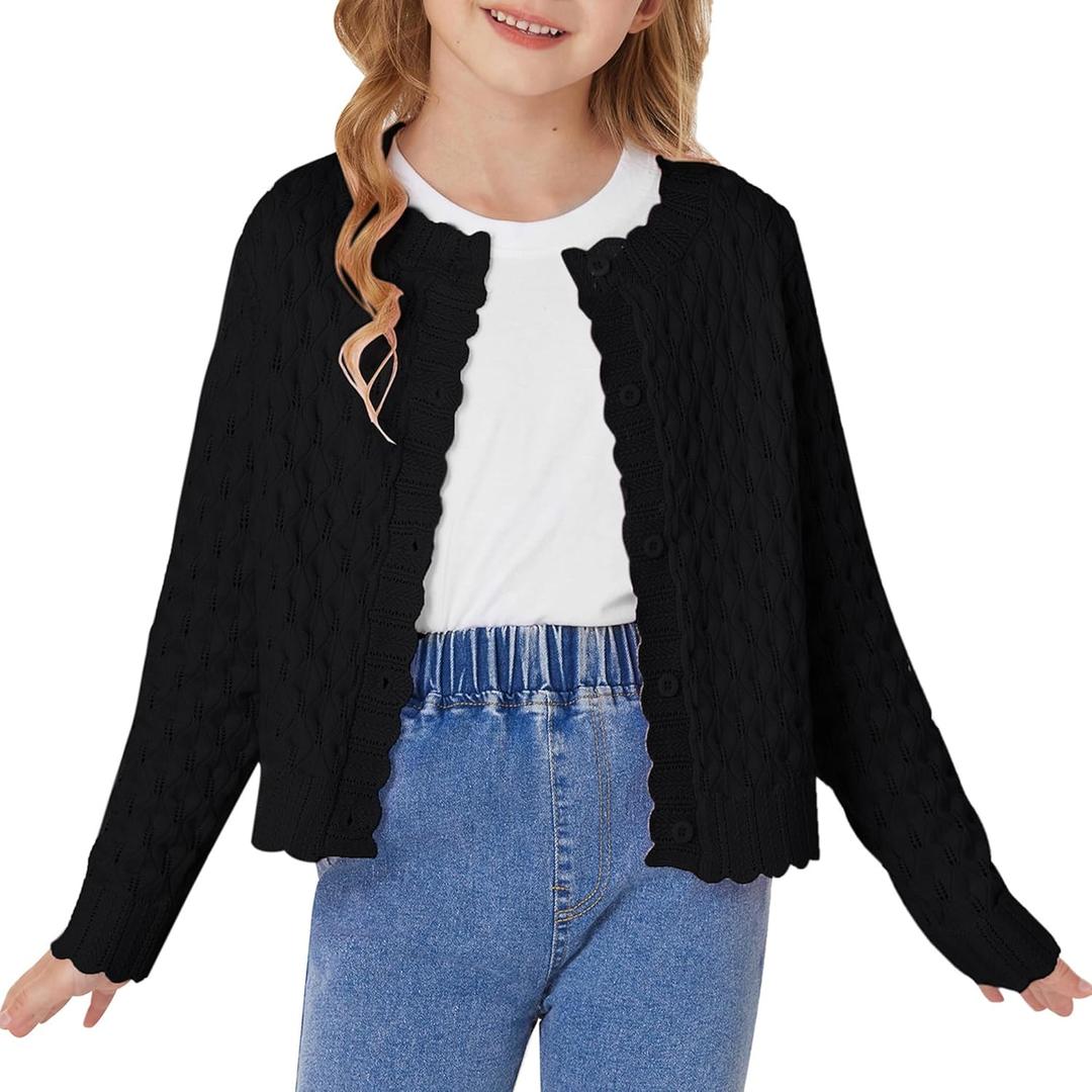 GRACE KARIN Girls Long Sleeve Sweater Cardigan Kids Cropped Cable Knit Button Front Sweaters 6-13Y (8-10 Years, Black)