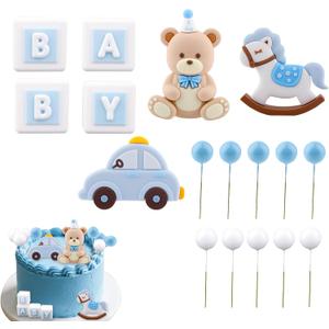 Blue Bear Cake Decoration, Cake Topper Set Baby Shower and Birthday Decorations with Bear Rocking Horse Car Letter Block Balloons for Party Decor