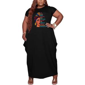YeGine Oversize Tshirt Dress Plus Size Short Sleeve Maxi Dress with Pockets (9-3281 Black Girl) XL