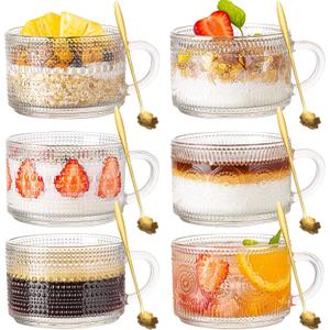 Vintage Glass Coffee Mugs Set of 6, 14 oz Tea Cups With Handle, Clear Embossed Glassware, 6 Spoons for Cappuccino, Latte, Cereal, Yogurt, Milk
