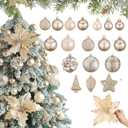 54ct Champagne Gold Christmas Ball Ornaments, Assorted Shatterproof Christmas Decorations Bulk Elegant Hanging Bulbs Ornaments with Artificial Christmas Flowers for Xmas Tree Holiday Party Decor