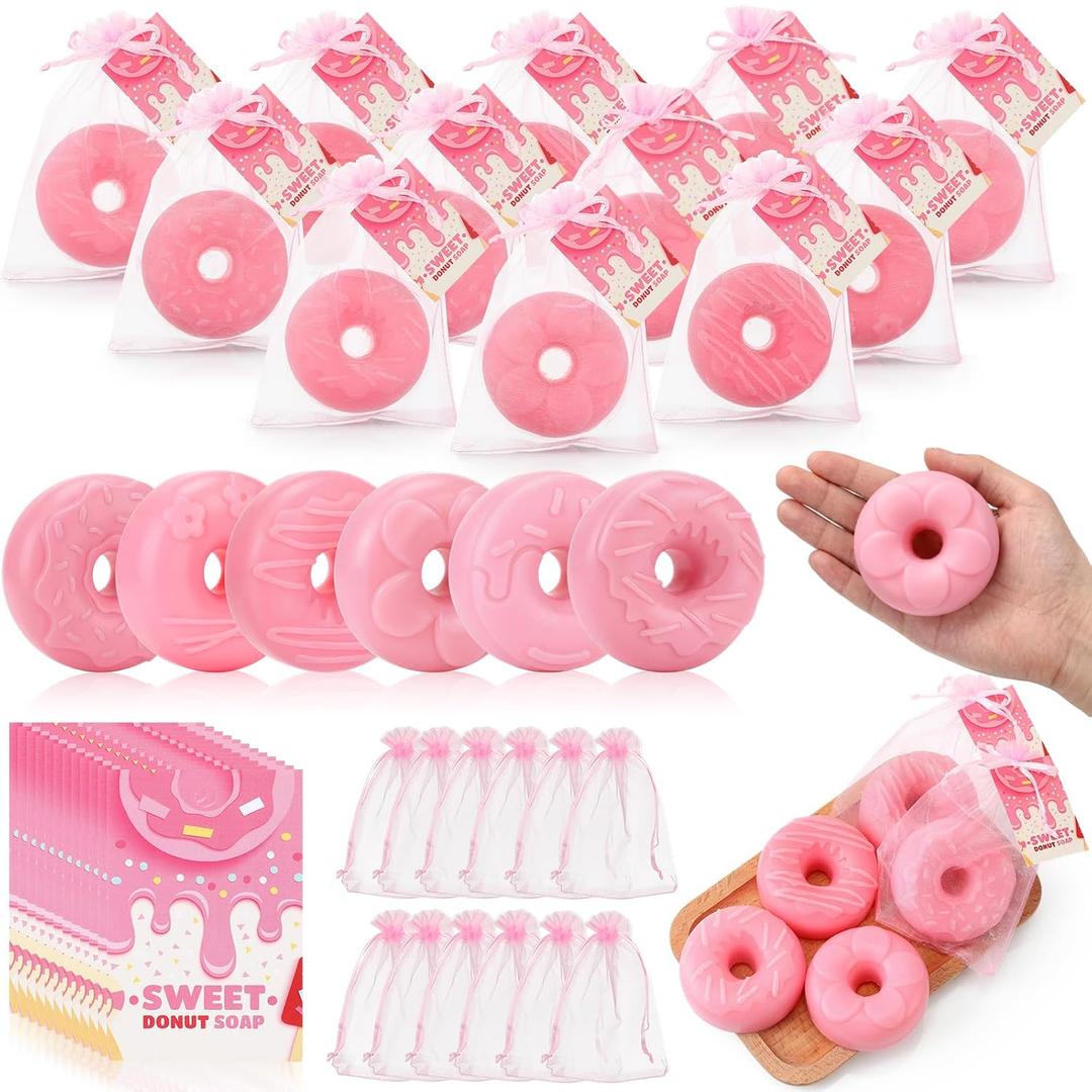 3 x Sliner 12 Set 2.6 in Medium Baby Shower Soap Favors for Guests Boy Girl Donut Shaped with Drawstring Bags Thank You Card for Gender Reveal Baptism Party Decorations Wedding Party(Pink)