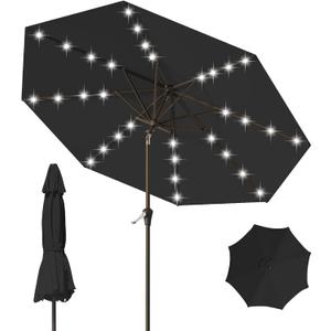 9FT Patio Umbrella with Solar Lights,Outdoor Market Umbrella with Tilt and Crank, LED Lighted Table Umbrella for Garden,Deck,Backyard,Pool,Beach (Black)