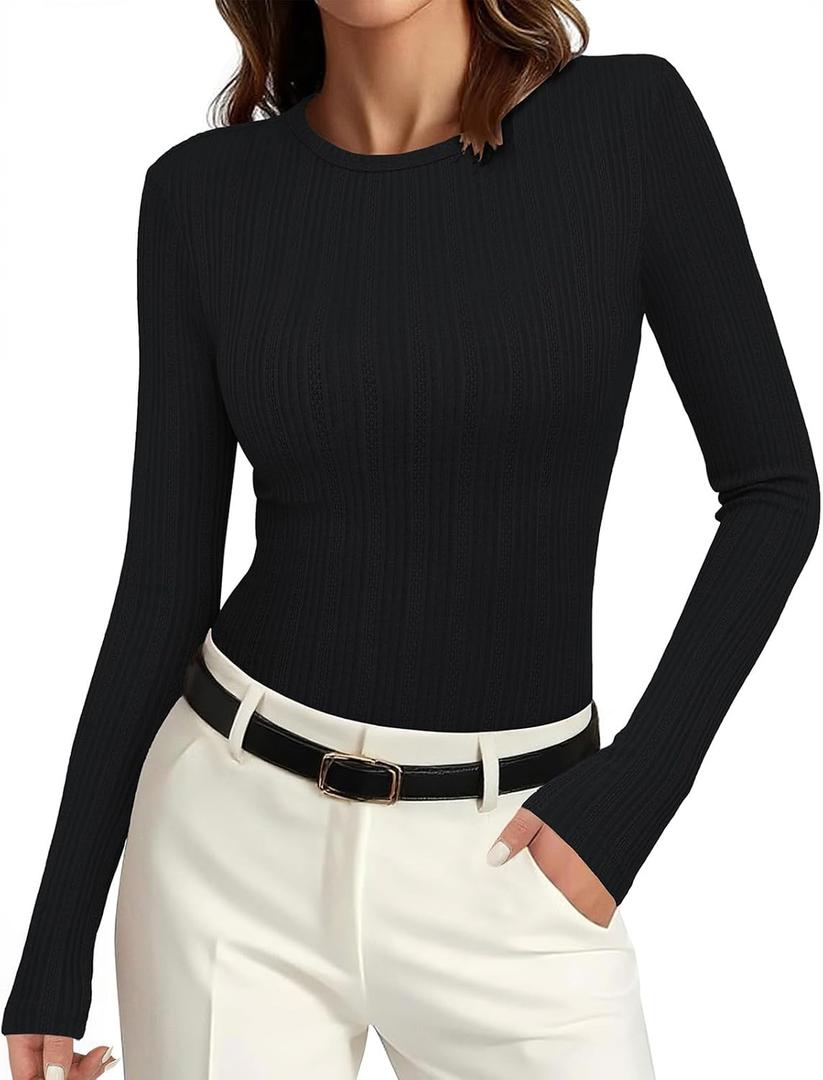 PRETTYGARDEN Crew Neck Long Sleeve Cute Going Out Tops for Women 2026 Casual Basic Slim Fit Womens Pullover Shirts (Black, S)