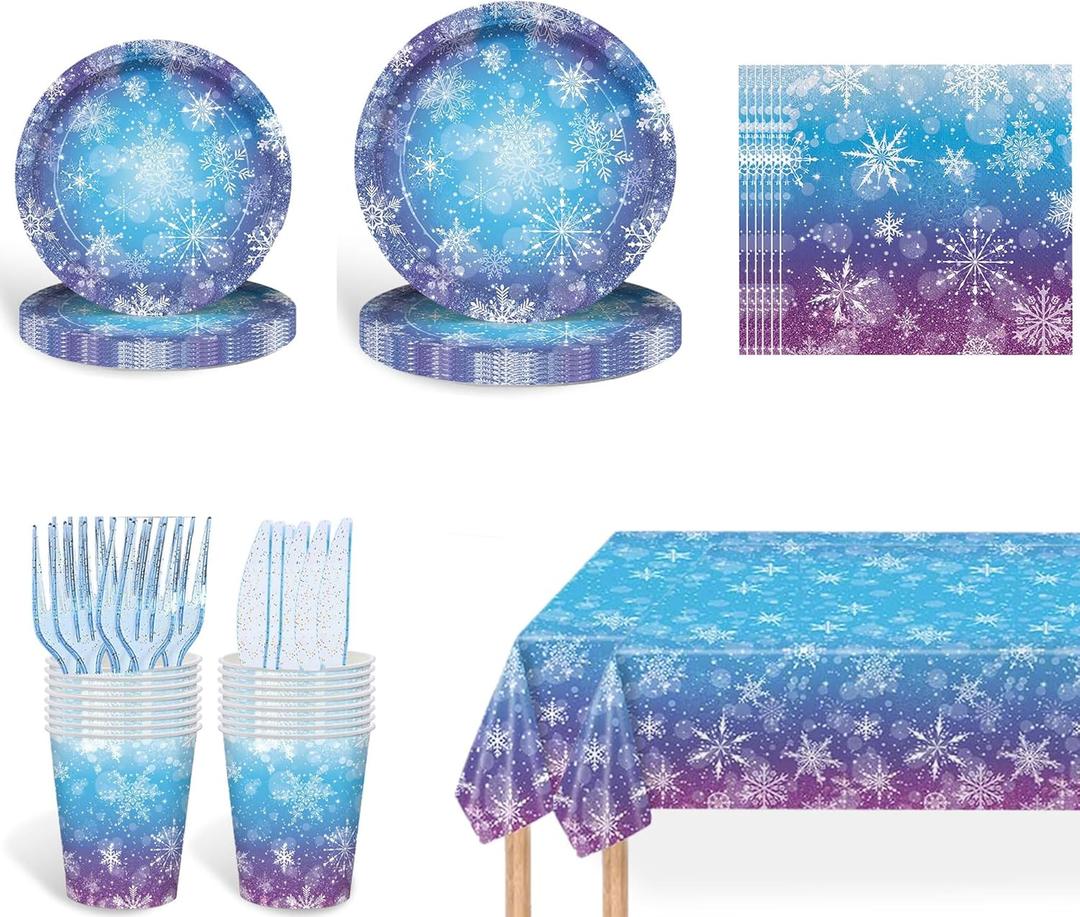 Frozen Party Plates Supplies, Blue and Purple Snowflake Winter Wonderland Disposable Tableware for Christmas Winter Holiday New Year Birthday Party Supplies Decorations, Serve 24