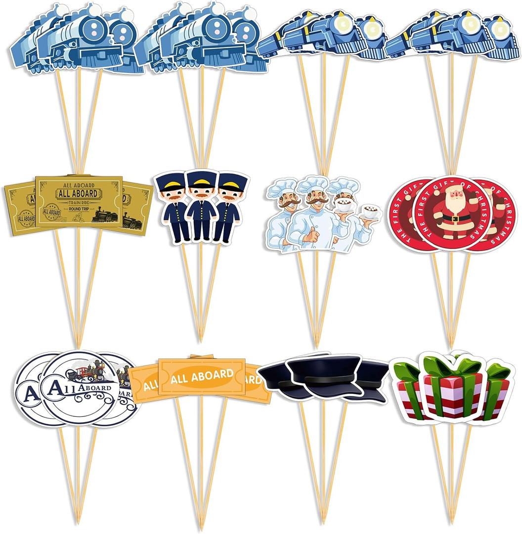 AceOrbit 36 Pcs Christmas Express Train Party Cupcake Toppers Crossing Decoration and Believe Train Themed Gifts for Christmas Birthday Party Favors Supplies Decoration