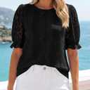KIRUNDO Lace Tops for Women Trendy 2026 Eyelet Floral Summer Clothes Short Puff Sleeve Spring Blouse Cruise Vacation Outfits (Black, L)