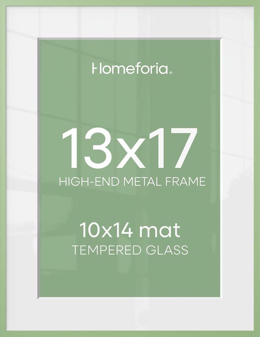 Homeforia 13x17 Green Picture Frame, High-End Metal, 10x14 Mat, Glass | High End Aluminum, Tempered Glass, Acid-Free 10x14 Removable Mat, 13x17 in Edge-to-Edge Display 17x13, Wall Kit, Set Of 1