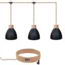 3-Light Plug in Pendant Light 22FT Industrial Hanging Lamp with Twisted Hemp Rope Independent Triple Switch Hanging Light Chandelier for Dining Room Kitchen, Black Finish (Wood)