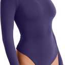 REORIA Womens Long Sleeve Bodysuits Fall Basic Round Neck Lightweight Double Lined Layering Slim Body Suit Tops (Blue, L)