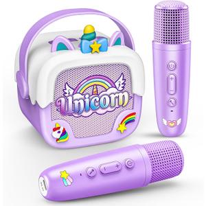 Mini Karaoke Machine for Kids Girls: Unicorn Portable Bluetooth Speakers With 2 Wireless Mic Toys for Girls age 4-9 Years Old Girl Christmas Birthday Gifts for 5 - 11  Years Teens Purple