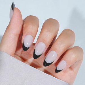 2 x French Tip Press On Nails Almond - Noir French,Black Press On Nails Halloween, Acrylic Short Halloween Nails with Nail Glue, Fit Perfectly & Natural Stick On Nails in 16 Sizes - 32 PCS Soft Gel Kit