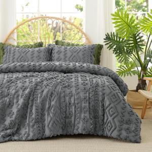 Amlie Home Tufted Boho Comforter Set Queen Size, 3 Pieces Soft Textured Bed Set, Lightweight Breathable Comforter for All Seasons, Farmhouse Shabby Chic Jacquard Bedding, Cozy Gift for Women, Grey