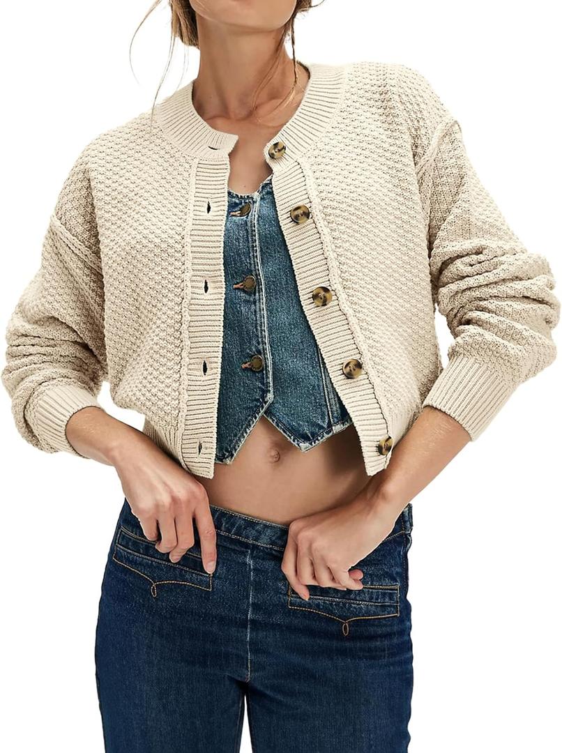 JOKELAMB Women's Cardigan Sweaters Trendy 2025 Lightweight Button Down Crewneck Knit Work Casual Outfits Clothes (Large, Apricot-038)