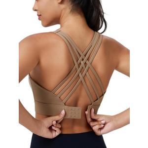 High Impact Sports Bra for Women High Support Molded Cups Strappy Womens Sports Bra for Workout,Training and Running (Large, Brown)