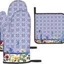 Blue Chinoiserie Oven Mitts Heat Resistant,Cute Floral Pot Holders and Kitchen Mitts, Heat Resistant Non-Slip Baking Golves Hot Pads for Cooking BBQ Grilling,Housewarming Gifts for Women Hostress