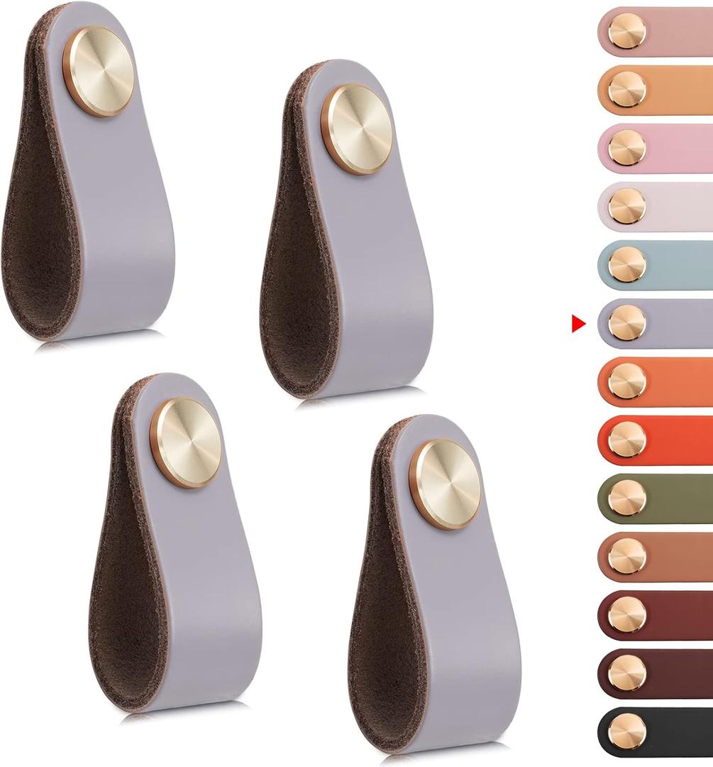 4 Pack Leather Drawer Pulls Gray Cabinet Handles Single Hole Dresser Knobs Cabinet Door Handle, Faux Leather Pulls for Dresser, Closet, Kitchen Cupboard (Single Hole, Gray)