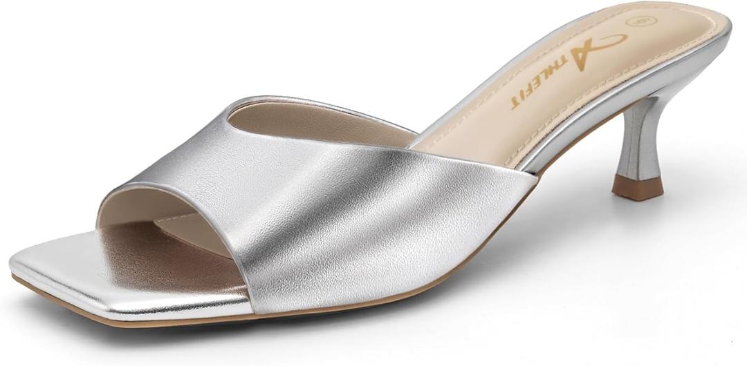Athlefit Kitten Heels for Women Heeled Sandals Square Open Toe Low Heels Comfortable Slip On Slides, Size 8.5