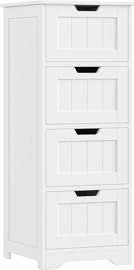 FOTOSOK Bathroom Storage Cabinet, Bathroom Cabinet with 4 Drawers, 11.8” x 11.8” x 32.5” Freestanding Entryway Cupboard Storage Organizer Unit Home Furniture Decor, White