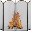 AMAGABELI GARDEN & HOME Decorative Gold Fireplace Screen 4 Panel Folding Ornate Wrought Iron Black Metal Fire Place Free Standing Gate Large Mesh Solid Steel Spark Guard Cover Outdoor Accessories