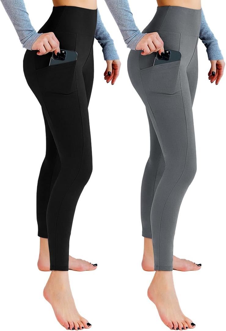Leafigure 2 Pack Leggings with Pockets for Women, High Waisted Soft Leggings for Yoga Gym (Large-X-Large, Black/Grey)