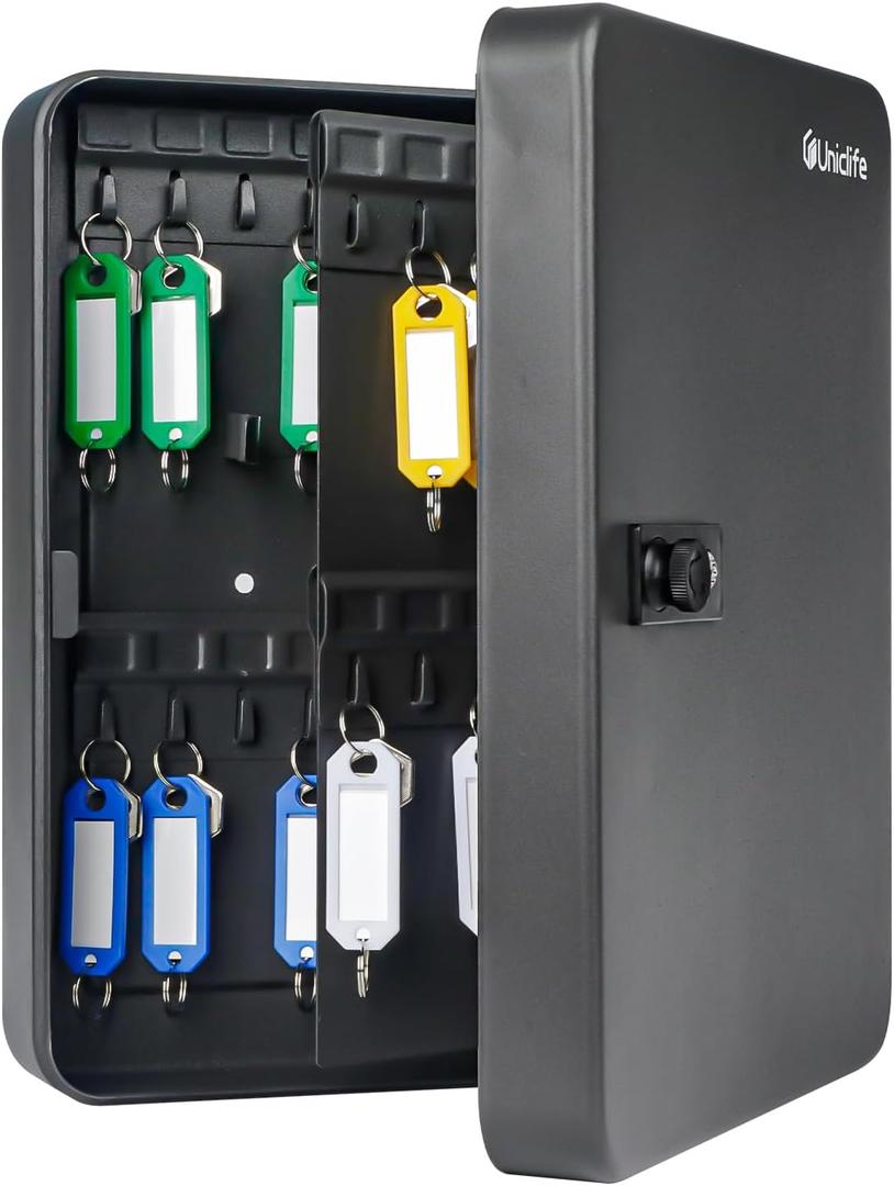 Uniclife 60 Position Key Cabinet with Combination Lock Resettable Black Digital Security Storage Box Steel Key Organizer with Colorful Large Key Tag Labels Stickers and Hooks