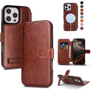 for iPhone 16 Pro Wallet Case with Stand,PU Leather Flip Credit Card Holder Slots (RFID Blocking),Compatible with Magsafe Magnetic Holder Phone Cover Women Men,Dark Brown
