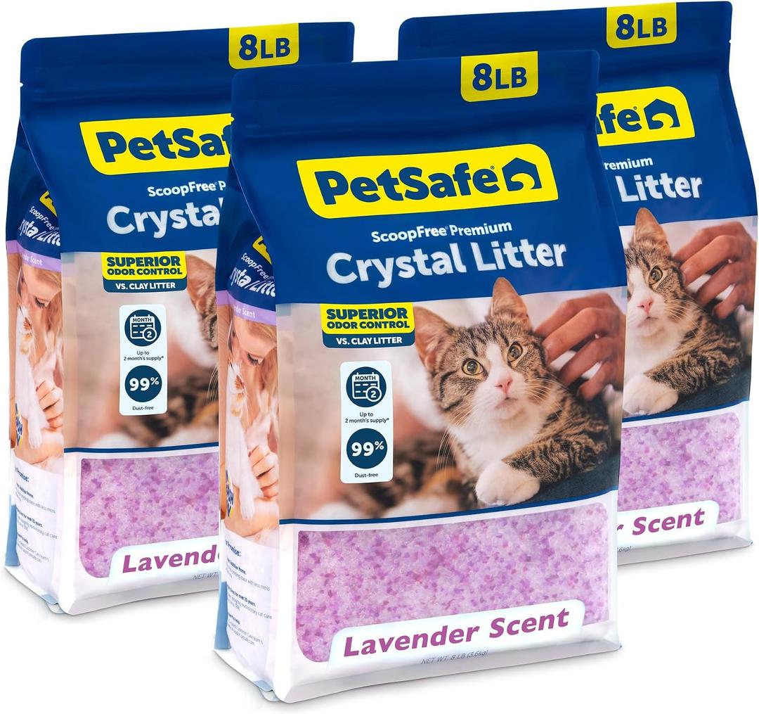 PetSafe ScoopFree Odor Control Crystal Cat Litter, Lavender Scent, 8 Lb Bag, Pack of 3